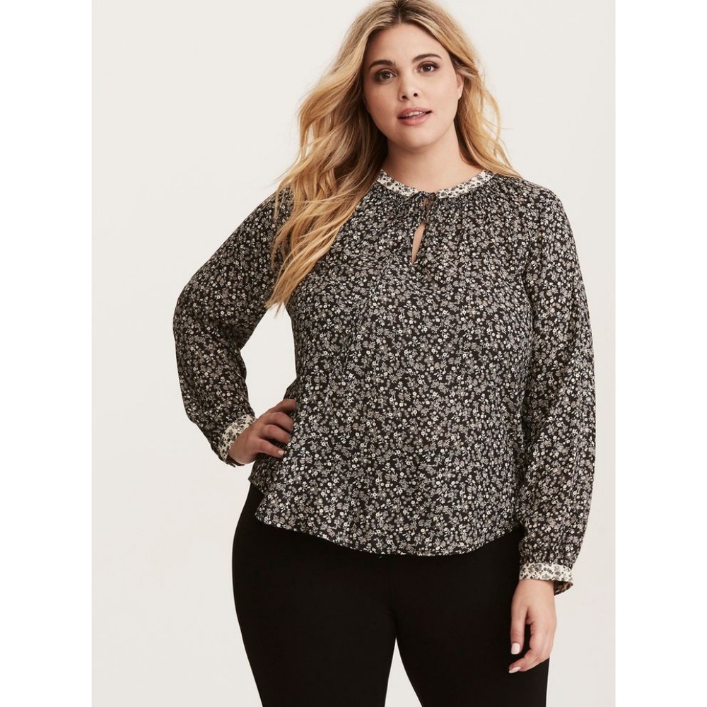 Floral Print Crepe Smocked Tie Neck Top